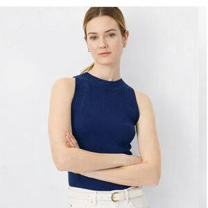 NWT Ann Taylor Women’s Crochet Trimmed Sweater Shell, Navy Blue, Size Large